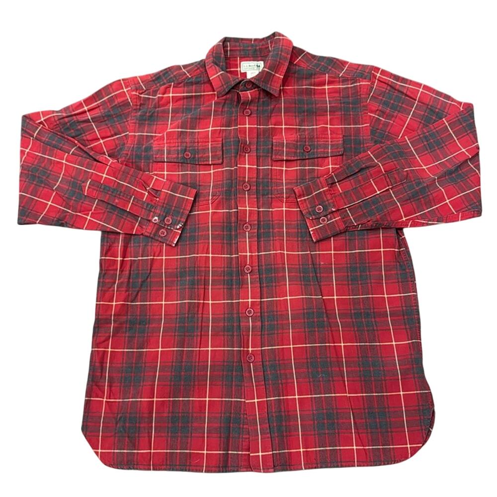 L.L.Bean Men's Heavy Weight Cotton Plaid Shirt Red Size L Tall
